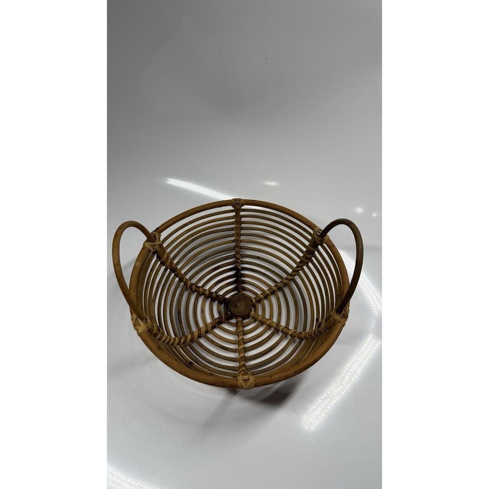 Vintage Rattan Wicker Basket Bent Wood Handles Woven 10"x4"" Sturdy